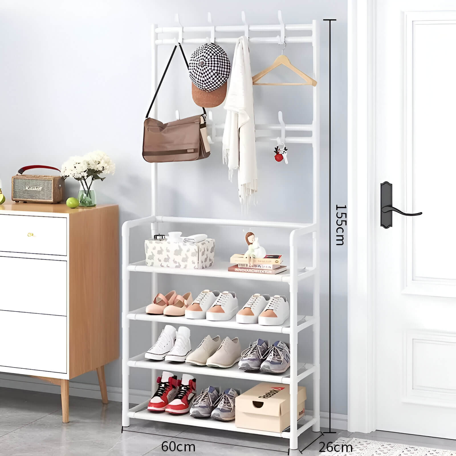 Porte-manteaux multi-niveaux blanc avec crochets et étagères, dimensions 155 cm de hauteur et 60 cm de largeur, idéal pour l'entrée ou la chambre.